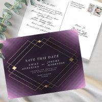 Purple White Gold Deco Lines Save The Date Wedding