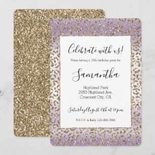 Purple White Gold Glitter Leopard Print   Invitation