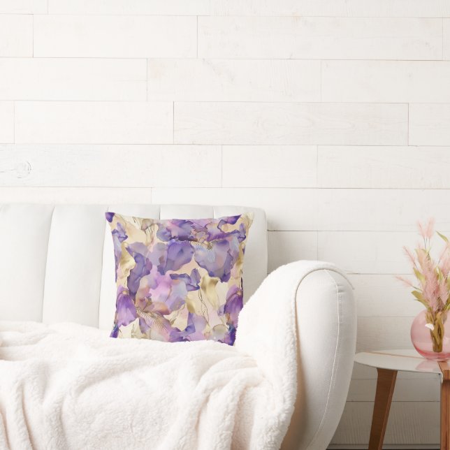 Purple White Gold Iris Floral Abstract Cushion (Couch)