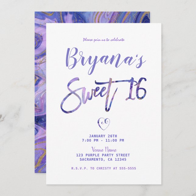 Purple White Gold Marble Chic Glam Sweet 16 Party Invitation (Front/Back)