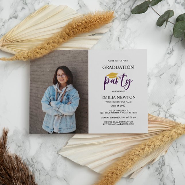  Purple white Gold  Photo Graduation Party  Invitation (Creator Uploaded)