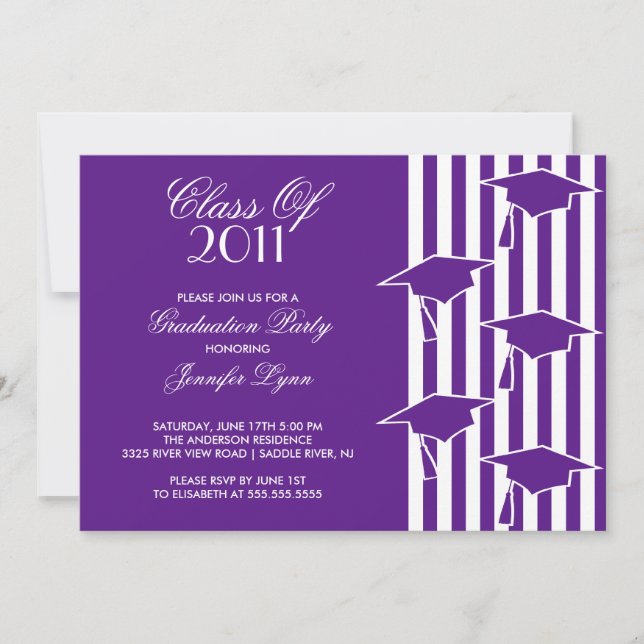 Purple & White Grad Hats Graduation Invitation (Front)