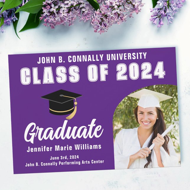 Purple White Graduate Bold Graduation Photo Announcement (Creator Uploaded)