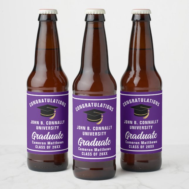 Purple White Graduate Custom 2025 Graduation Party Beer Bottle Label (Bottles)