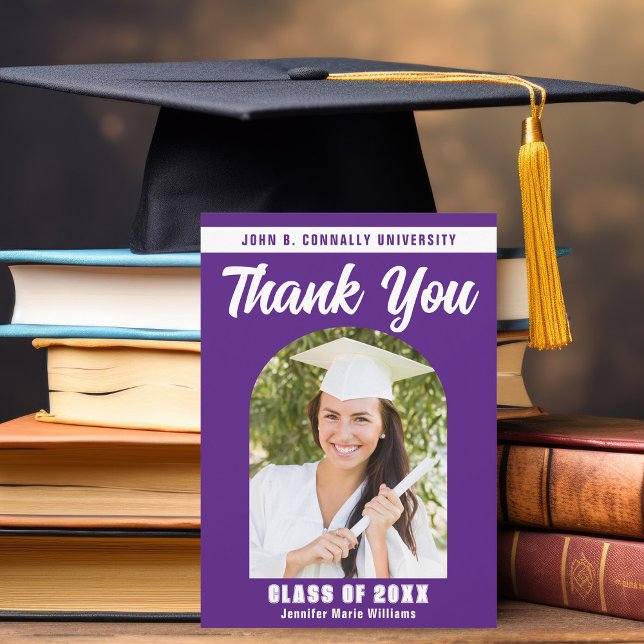 Purple White Graduate Photo Arch Graduation Thank You Card (Creator Uploaded)