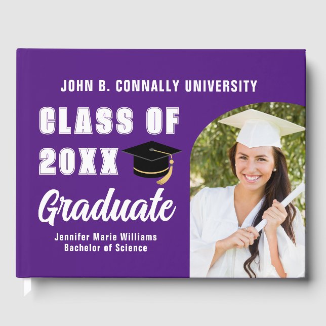Purple White Graduate Photo Custom Graduation Guest Book (Front)
