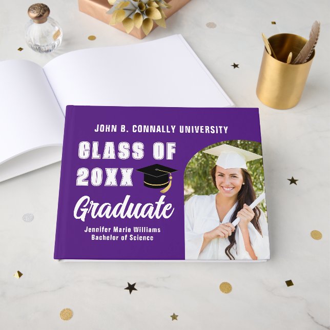 Purple White Graduate Photo Custom Graduation Guest Book (Front Open)