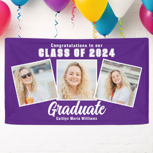 Purple White Graduation Party 3 Photo Collage Banner