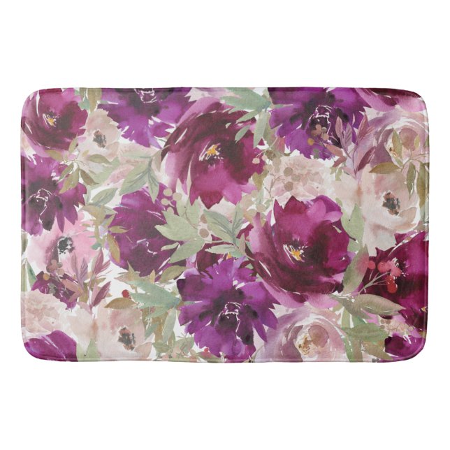 Purple White Green Botanical Floral Bath Mat (Front)