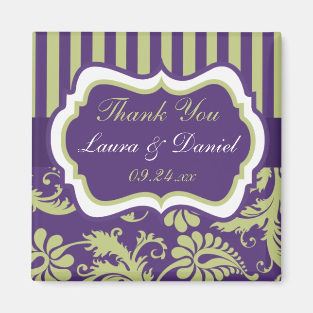 Purple, White, Green Damask Wedding Favour Magnet (Front)