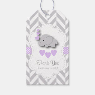 Purple, White Grey Elephant Baby Shower Thank You Gift Tags