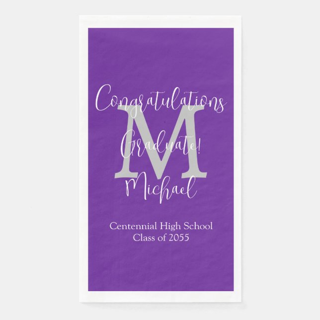 Purple White Grey Monogrammed Graduation Grad  Napkin (Front)