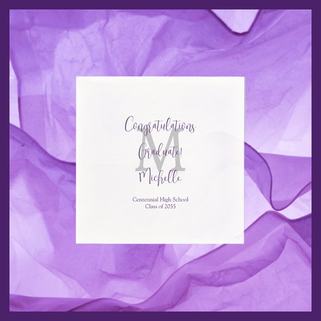 Purple White Grey Monogrammed Graduation Party  Napkin (Creator Uploaded)