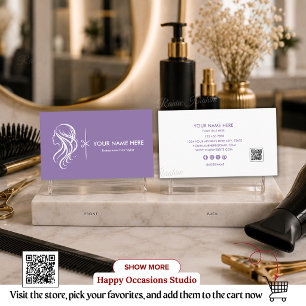 Purple White Hair Stylist Scissors QR Business Card