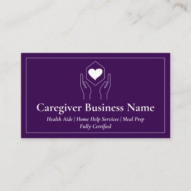 Purple White Hand Heart Minimal Caregiver Business Card (Front)