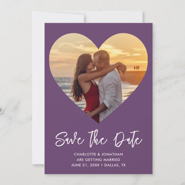 Purple & White Heart Cutout Wedding Photo  Save The Date (Front)