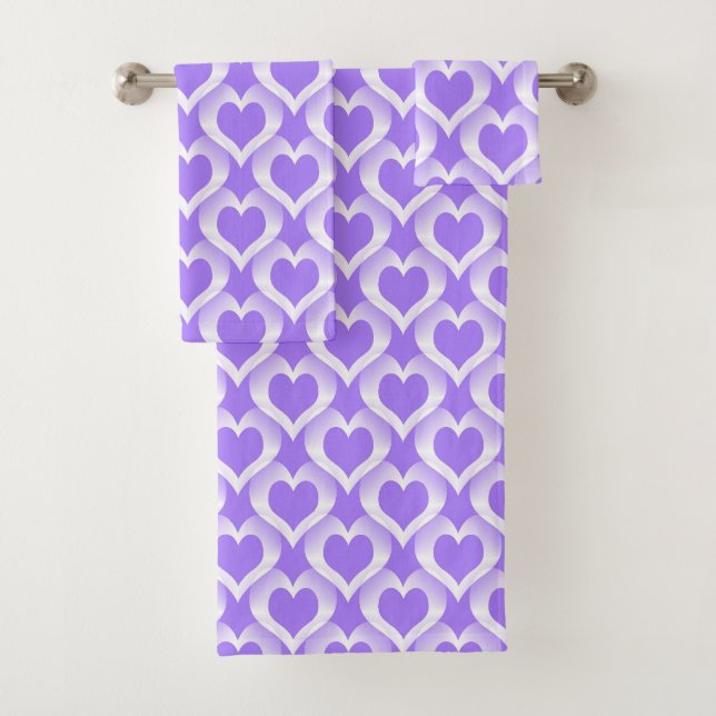 Purple White Hearts Pattern Bath Towel Set (Insitu)