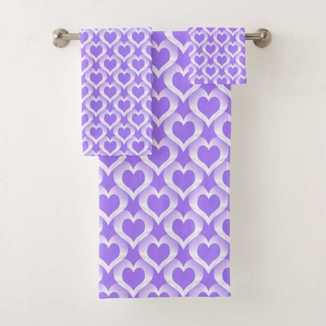 Purple White Hearts Pattern Bath Towel Set (Insitu)
