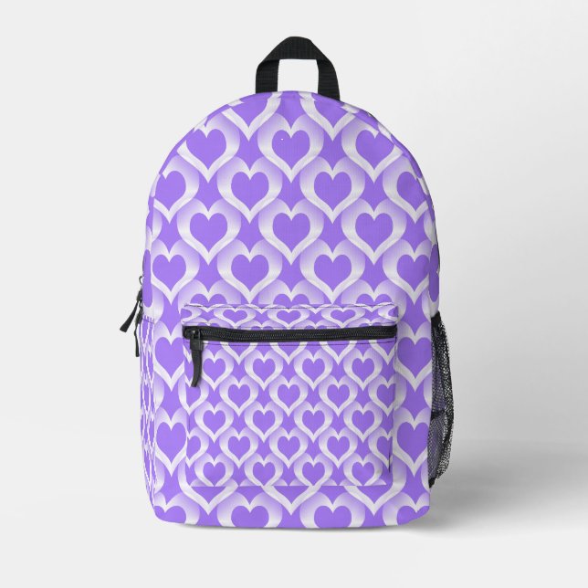 Purple White Hearts Pattern Printed Backpack (Front)