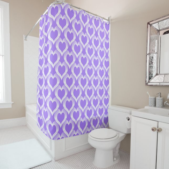 Purple White Hearts Pattern Shower Curtain (In Situ)
