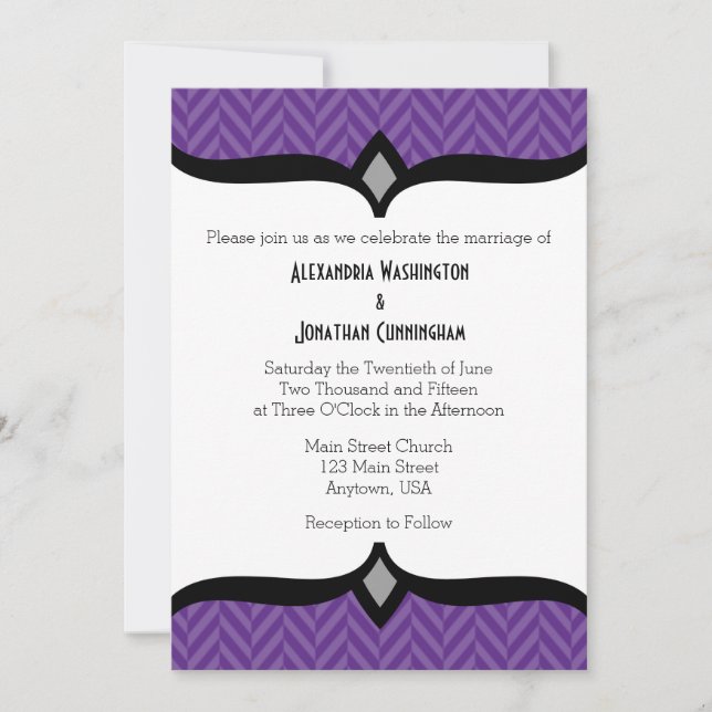 Purple White Herringbone Wedding Invitation (Front)
