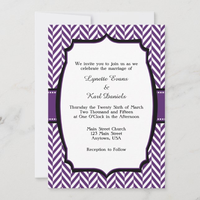 Purple White Herringbone Wedding Invitation (Front)