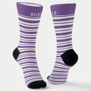 Purple White Horizontal  Striped For Custom Name  Socks