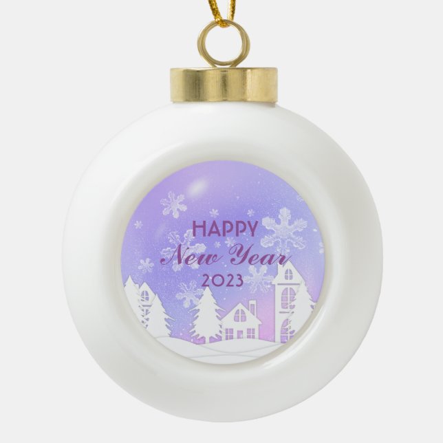 Purple White House Snow Happy New Year 2023 Ceramic Ball Christmas Ornament (Front)