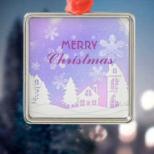 Purple White House Snowflakes Xmas New Year 2023  Metal Tree Decoration
