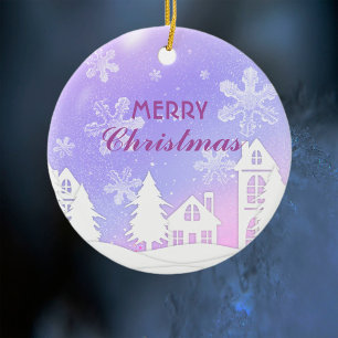 Purple White House Snowflakes Xmas New Year Ceramic Tree Decoration