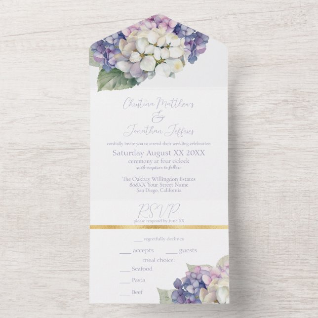 Purple & White Hydrangea Flowers All In One Invitation (Inside)