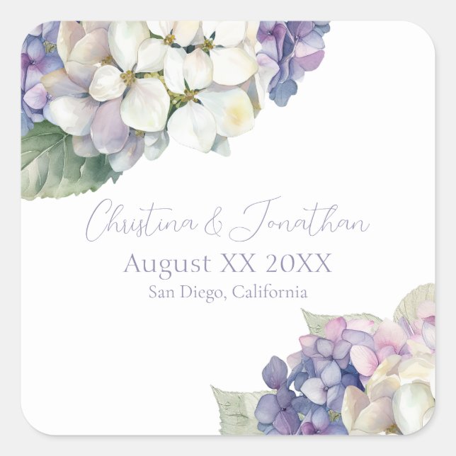 Purple & White Hydrangea Flowers Square Sticker (Front)