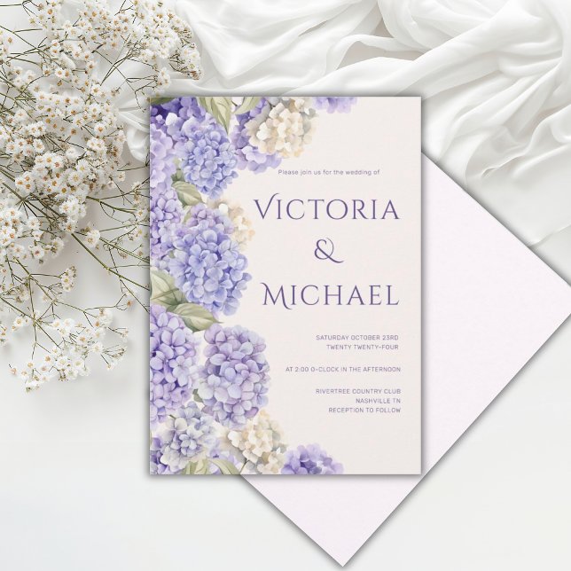 Purple White Hydrangeas Elegant Modern Wedding Invitation (Creator Uploaded)