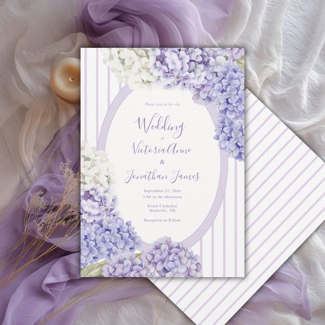 Purple White Hydrangeas Floral Stripe Wedding Invitation (Creator Uploaded)