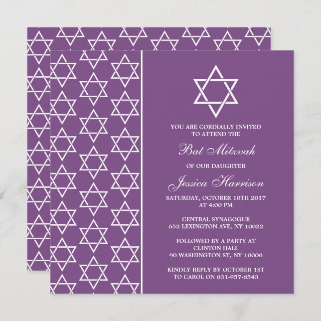 Purple & White Jewish Star Of David Bat Mitzvah Invitation (Front/Back)