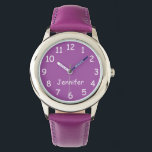 Purple & White Kid's Watch, Purple Strap Watch<br><div class="desc">A purple background and large white numbers decorate the face of this kids watch. What a great Christmas or Birthday gift for a child! It can be personalised with child's name, or example text can be deleted. Strap is purple, but is available in other colours. All Rights Reserved © 2014...</div>