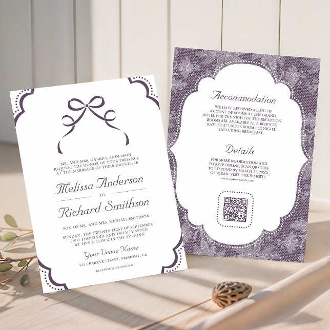 Purple White Lace Coquette Bow QR Code Wedding Invitation (Creator Uploaded)