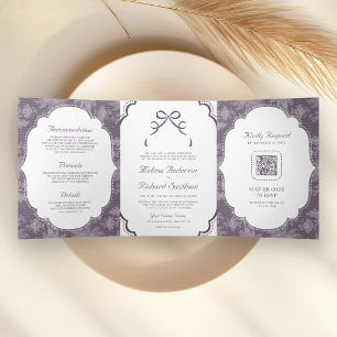 Purple White Lace Coquette Bow QR Code Wedding Tri-Fold Invitation
