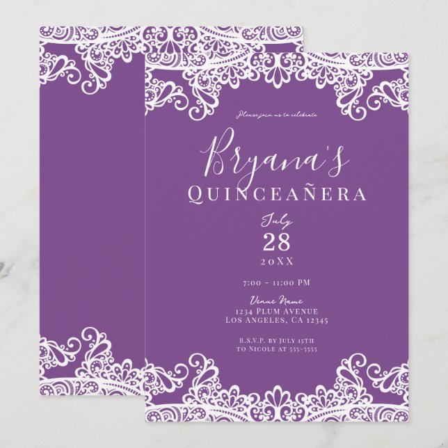 Purple & White Lace Elegant Quinceañera Party  Invitation (Front/Back)