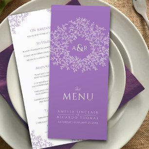 Purple white leaf drawing monogram wedding menu