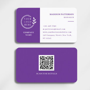 Purple White Logo QR Code Minimalist Modern Business Card