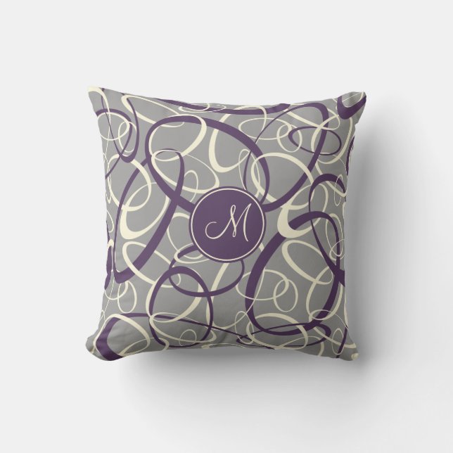 purple white loops on grey geometric pattern cushion (Front)