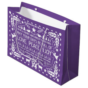 Purple white Love Peace Joy papel picado Christmas Large Gift Bag