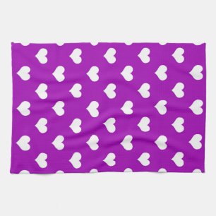 Purple White Lovely Hearts Design Tea Towel