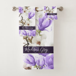 Purple & White Magnolia Blossom Watercolor Pattern Bath Towel Set
