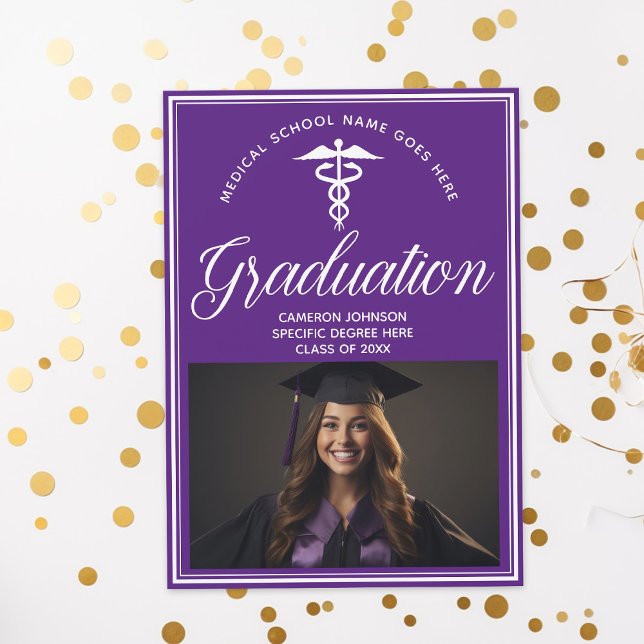 Purple White Medical School Photo Graduation Party Invitation (Creator Uploaded)
