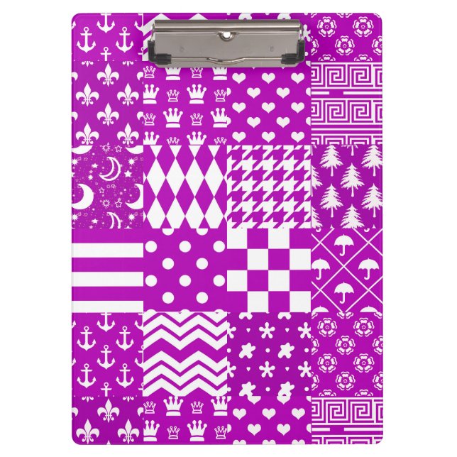 Purple White Mixed Patterns Patchwork Design  Clipboard (Front)