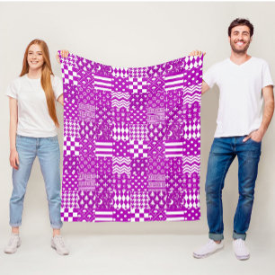 Purple White Mixed Patterns Patchwork Design Fleece Blanket