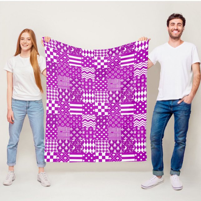 Purple White Mixed Patterns Patchwork Design  Fleece Blanket (Creator Uploaded)
