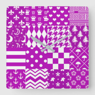 Purple White Mixed Patterns Patchwork Design Square Wall Clock